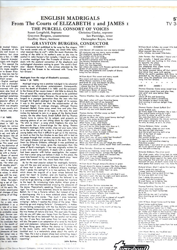The Purcell Consort Of Voices, Grayston Burgess : English Madrigals From The Courts Of Elizabeth I And James I (LP)