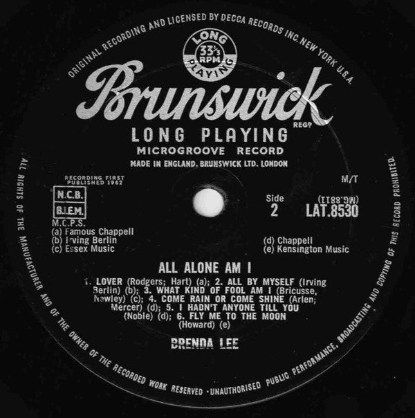 Brenda Lee : All Alone Am I (LP, Album, Mono)