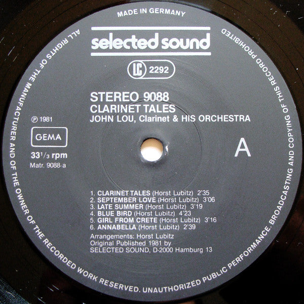 John Lou & His Orchestra : Clarinet Tales (LP)