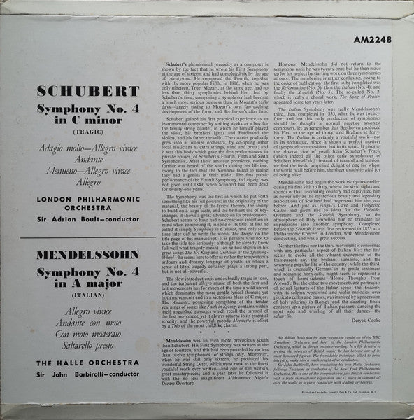 Mendelssohn* / Schubert* : Symphony No 4 "Italian" / Symphony No 4 "Tragic" (LP, Mono)