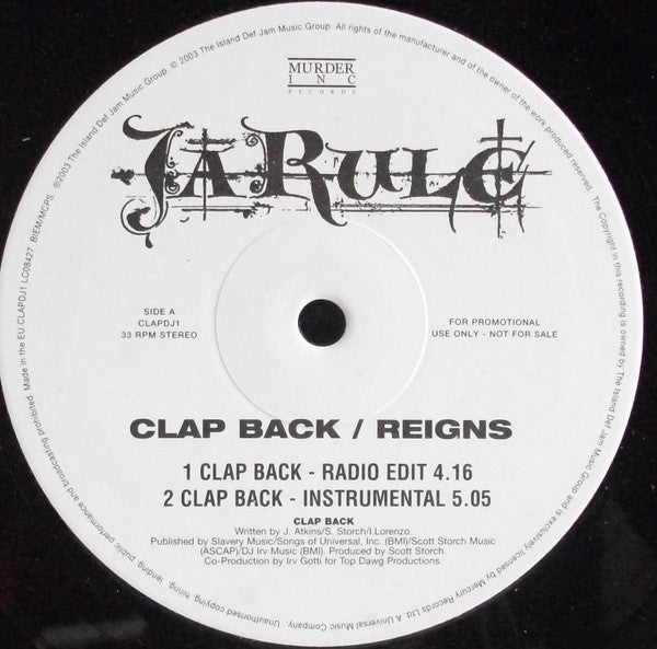 Ja Rule : Clap Back / Reigns (12", Promo)