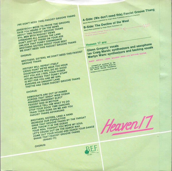 Heaven 17 : (We Don't Need This) Fascist Groove Thang (7", Single)