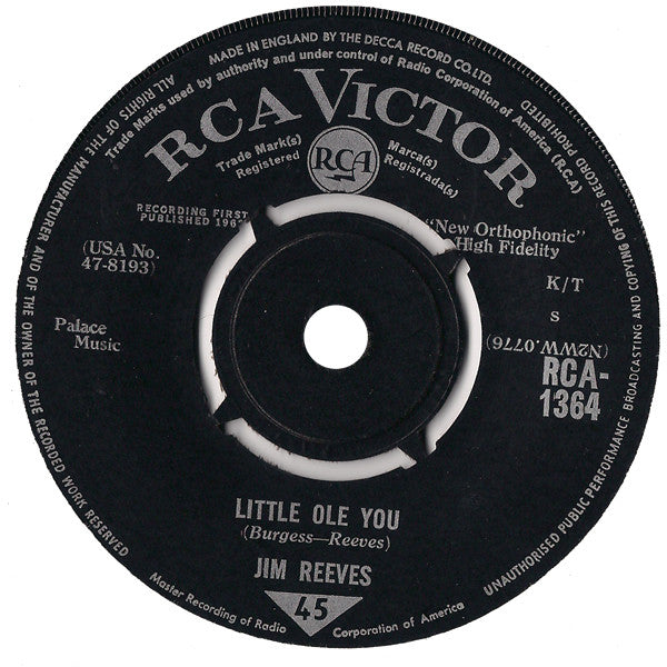 Jim Reeves : Little Ole You (7", Single)