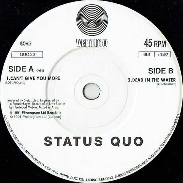 Status Quo : Can't Give You More (7", Single, Pap)