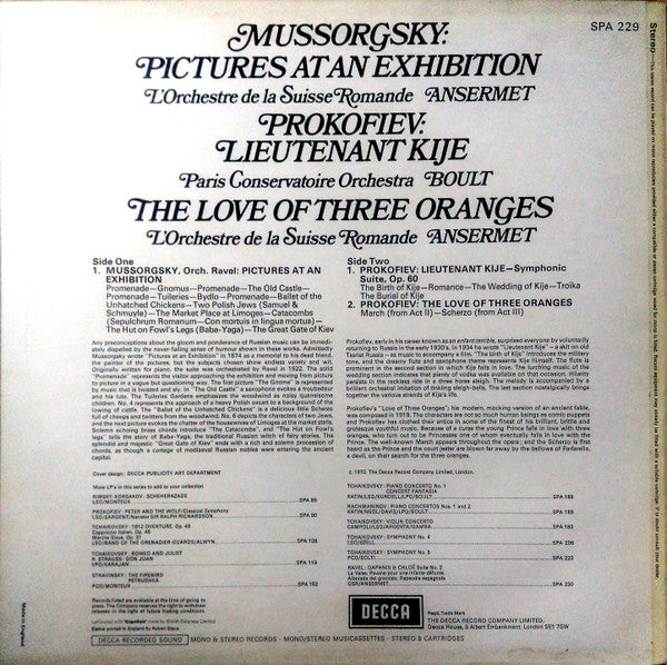 Modest Mussorgsky Orch. Maurice Ravel / Sergei Prokofiev, L'Orchestre De La Suisse Romande, Ernest Ansermet, Orchestre Du Conservatoire de Paris, Sir Adrian Boult : Pictures At An Exhibition / Lieutenant Kije / The Love Of Three Oranges (LP, Comp)