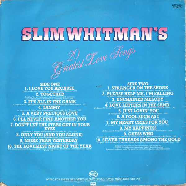 Slim Whitman : Slim Whitman's 20 Greatest Love Songs (LP, Comp, RP)