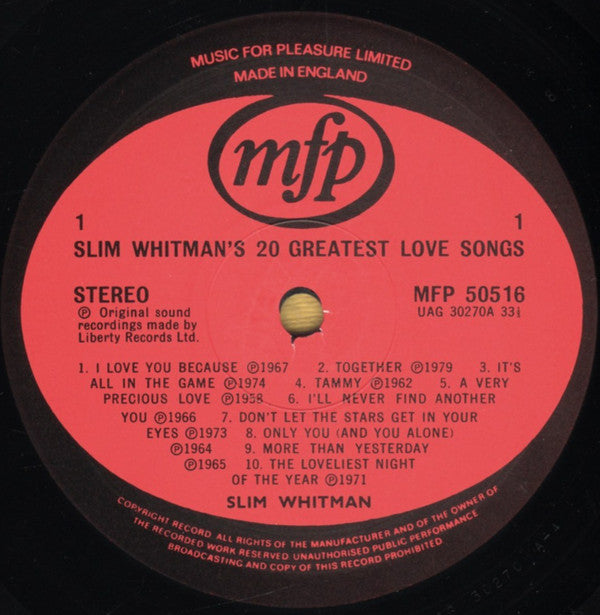 Slim Whitman : Slim Whitman's 20 Greatest Love Songs (LP, Comp, RP)