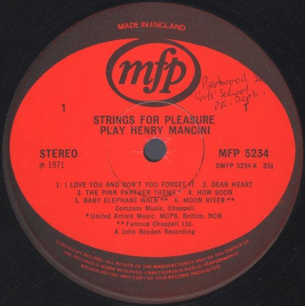 Strings For Pleasure : Strings For Pleasure Play The Best Of Henry Mancini (LP, Album)