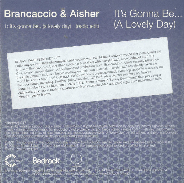 Brancaccio & Aisher : It's Gonna Be... (A Lovely Day) (CD, Single, Promo)