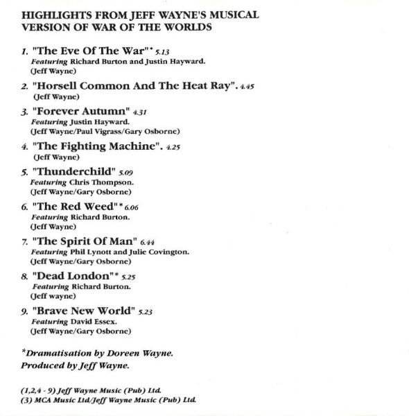 Jeff Wayne : Highlights From Jeff Wayne's Musical Version Of The War Of The Worlds (CD, Album, RE)