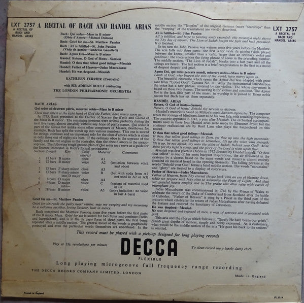 Kathleen Ferrier With Sir Adrian Boult Conducting London Philharmonic Orchestra : A Recital Of Bach And Handel Arias (LP, Mono)