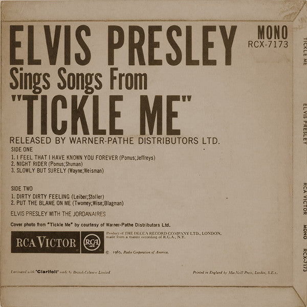 Elvis Presley With The Jordanaires : Tickle Me (7", EP, Mono)