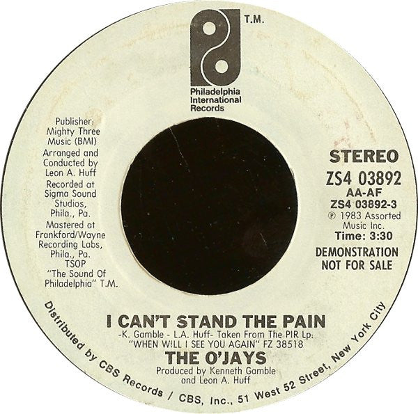 The O'Jays : I Can't Stand The Pain (7", Promo, Styrene)