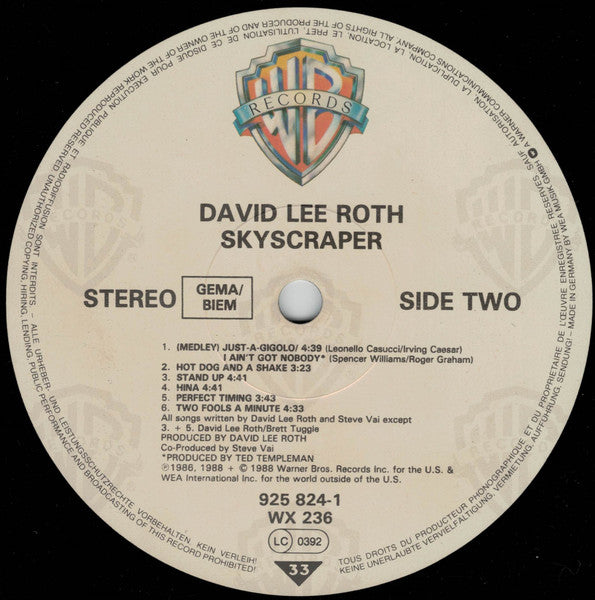 David Lee Roth : Skyscraper (LP, Album)