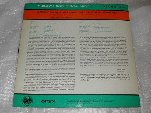 Ricercare-Ensemble Für Alte Musik, Zürich : Mediaeval Instrumental Music (LP, RE)