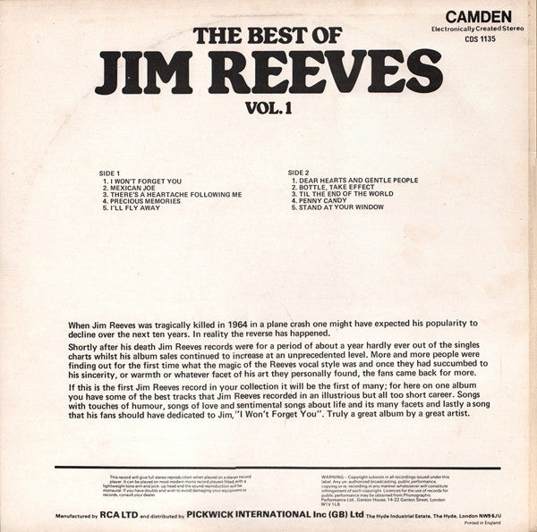 Jim Reeves : The Best Of Jim Reeves Vol. 1 (LP, Comp)