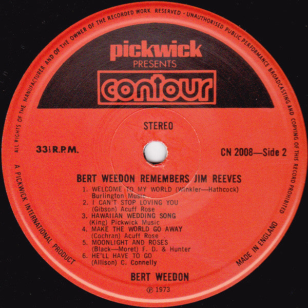 Bert Weedon : Remembers Jim Reeves (LP, Album, RE)