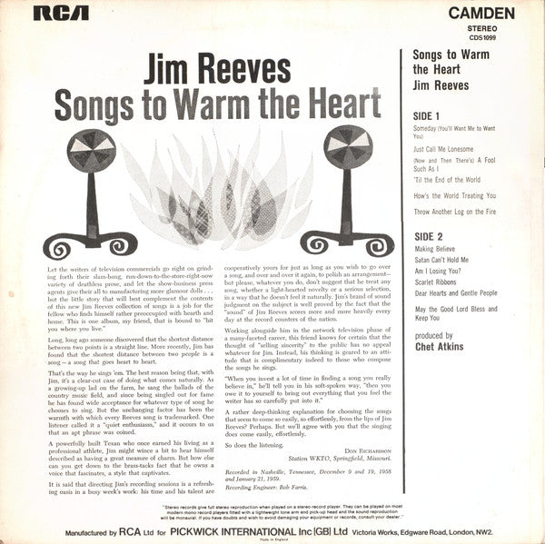Jim Reeves : Songs To Warm The Heart (LP, Album, RE)