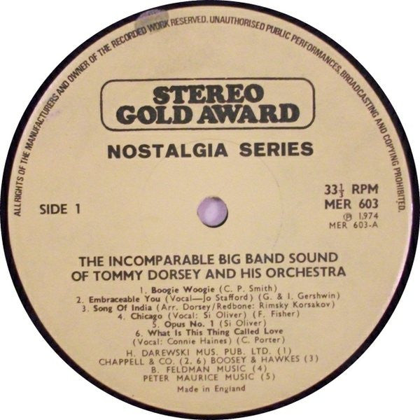 Tommy Dorsey : The Incomparable Big Band Sound Of Tommy Dorsey And His Orchestra (LP, Comp, Mono)