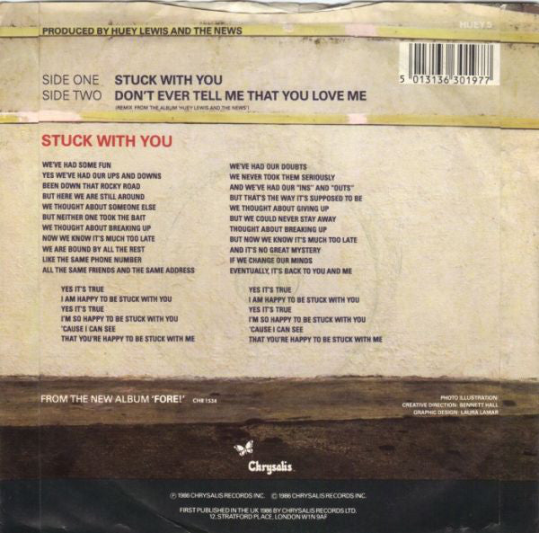 Huey Lewis & The News : Stuck With You (7", Single, Blu)