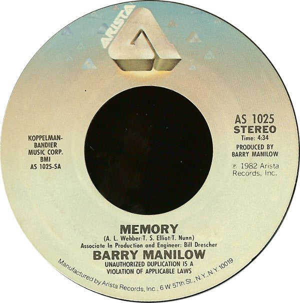 Barry Manilow : Memory (7", Styrene)