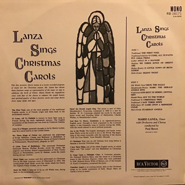 Mario Lanza : Lanza Sings Christmas Carols (LP, Album, Mono, RE)