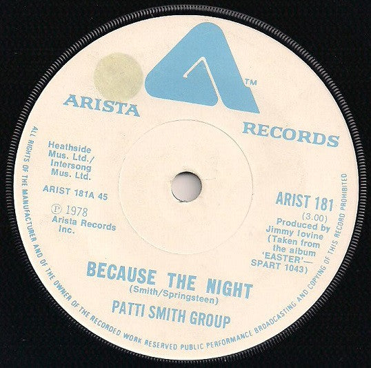 Patti Smith Group : Because The Night (7", Single, Pap)