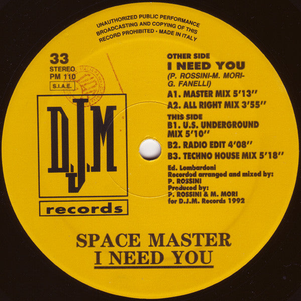 Space Master Featuring: D.J.G. : I Need You (12")