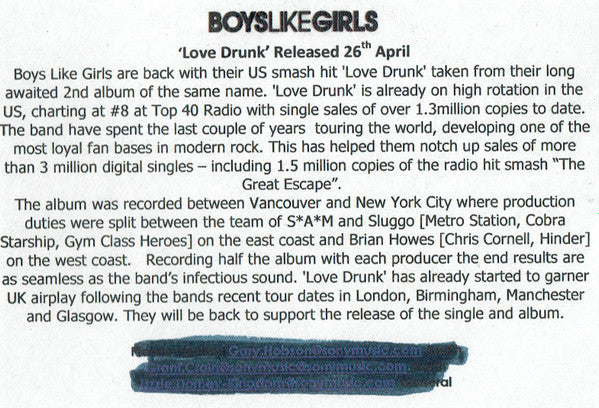 Boys Like Girls : Love Drunk (CDr, Single, Promo)