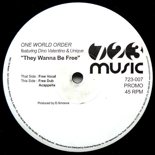 One World Order Featuring Dino Valentino & Unique (4) : They Wanna Be Free (12", Promo)