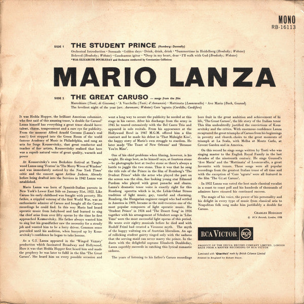 Mario Lanza : The Student Prince And The Great Caruso (LP, Album, Comp, Mono)