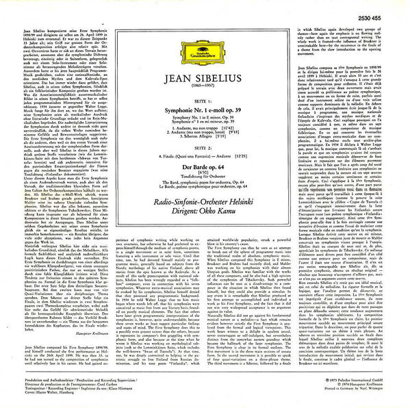 Jean Sibelius / Radion Sinfoniaorkesteri, Okko Kamu : Symphonie Nr. 1 E-moll (In E Minor) Op. 39 / Der Barde (The Bard) Op. 64 (LP)