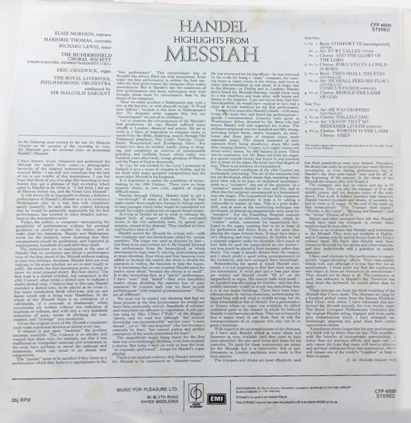 Georg Friedrich Händel : Highlights From Messiah (LP, Album, RE)