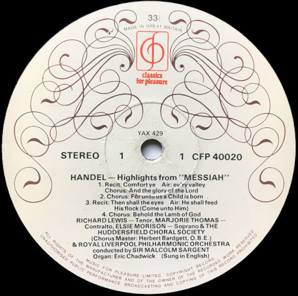 Georg Friedrich Händel : Highlights From Messiah (LP, Album, RE)
