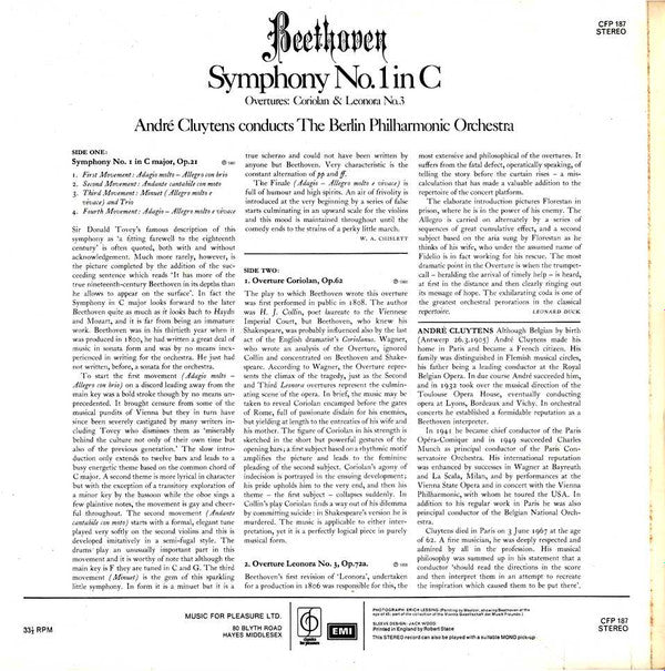 Ludwig van Beethoven / André Cluytens Conducts Berliner Philharmoniker : Symphony No.1 In C / Overtures: Coriolan & Leonora No.3 (LP, Comp)
