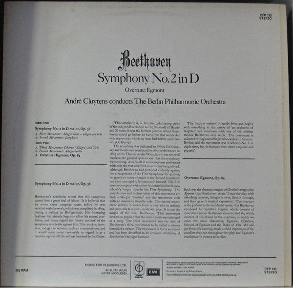 Ludwig van Beethoven, André Cluytens Conducts Berliner Philharmoniker : Symphony No.2 In D/Overture: Egmont (LP, Album, RE)