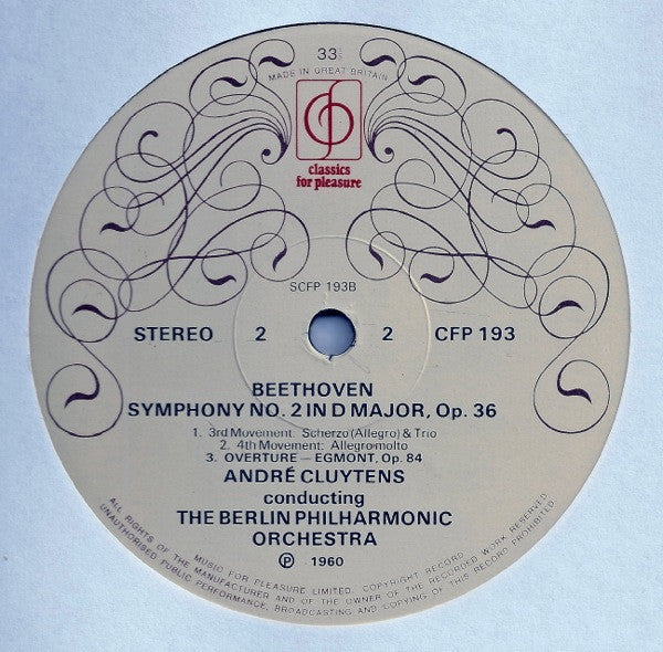 Ludwig van Beethoven, André Cluytens Conducts Berliner Philharmoniker : Symphony No.2 In D/Overture: Egmont (LP, Album, RE)