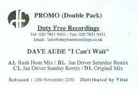 Dave Audé : I Can't Wait (2x12", Promo, W/Lbl)