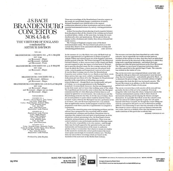 Johann Sebastian Bach, The Virtuosi Of England · Arthur Davison : Brandenburg Concertos No. 4 In G Major / No. 5 In D Major / No. 6 In B Flat Major (LP)