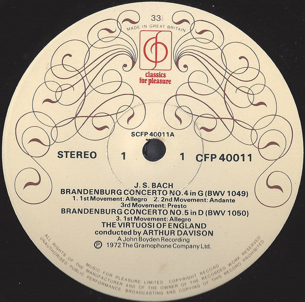 Johann Sebastian Bach, The Virtuosi Of England · Arthur Davison : Brandenburg Concertos No. 4 In G Major / No. 5 In D Major / No. 6 In B Flat Major (LP)
