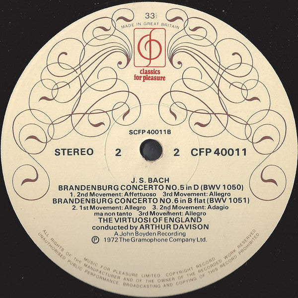 Johann Sebastian Bach, The Virtuosi Of England · Arthur Davison : Brandenburg Concertos No. 4 In G Major / No. 5 In D Major / No. 6 In B Flat Major (LP)