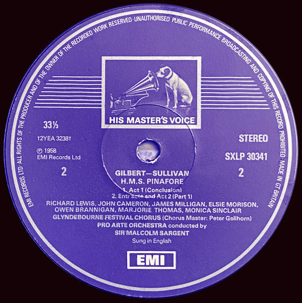 Gilbert & Sullivan, Sir Malcolm Sargent, George Baker (3), John Cameron, Richard Lewis (3), Owen Brannigan, James Milligan, Elsie Morison, Marjorie Thomas, Monica Sinclair : HMS Pinafore/Trial By Jury (2xLP, Comp, RE, RP)
