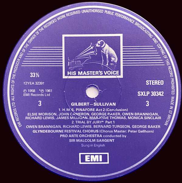 Gilbert & Sullivan, Sir Malcolm Sargent, George Baker (3), John Cameron, Richard Lewis (3), Owen Brannigan, James Milligan, Elsie Morison, Marjorie Thomas, Monica Sinclair : HMS Pinafore/Trial By Jury (2xLP, Comp, RE, RP)