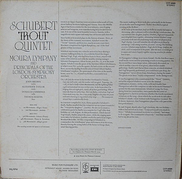 Franz Schubert, Dame Moura Lympany And London Symphony Orchestra : 'Trout' Quintet (LP, Album)