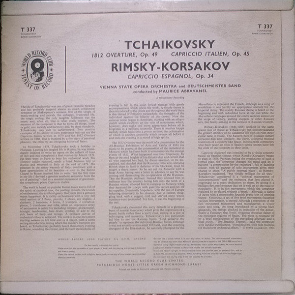 Tchaikovsky*, Rimsky-Korsakov* / The Vienna State Opera Orchestra*, Maurice Abravanel : 1812 Overture / Ouverture Italien / Capriccio Espagnol (LP, Album, Club)