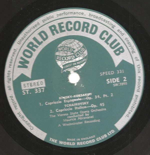 Tchaikovsky*, Rimsky-Korsakov* / The Vienna State Opera Orchestra*, Maurice Abravanel : 1812 Overture / Ouverture Italien / Capriccio Espagnol (LP, Album, Club)