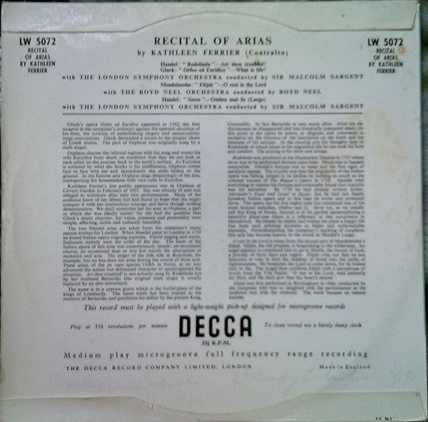 Kathleen Ferrier, London Symphony Orchestra, The Boyd Neel Orchestra : Recital Of Arias (10", Med)