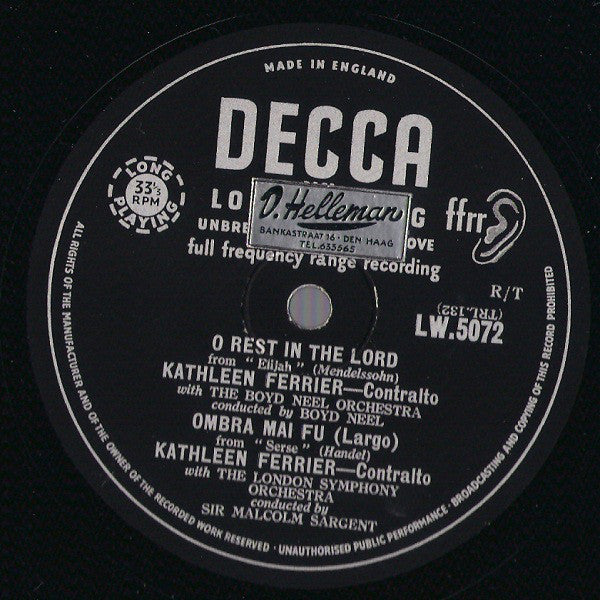 Kathleen Ferrier, London Symphony Orchestra, The Boyd Neel Orchestra : Recital Of Arias (10", Med)