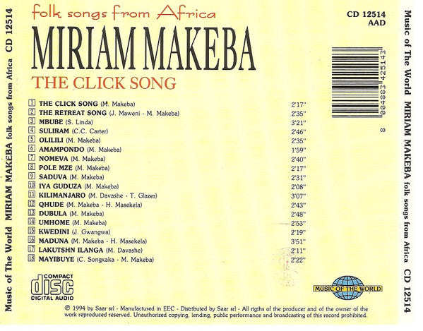 Miriam Makeba : Folk Song From Africa (The Click Song) (CD, Album, Comp)