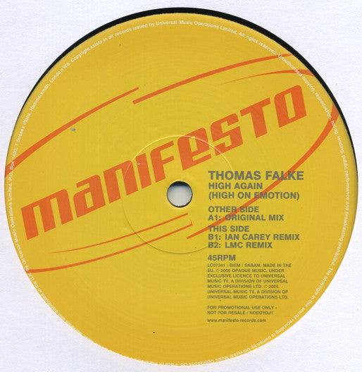 Thomas Falke : High Again (High On Emotion) (12", Promo)